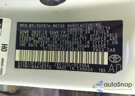 2015 Toyota Corolla S Plus from USA, damaged, VIN 2T1BURHE6FC283620